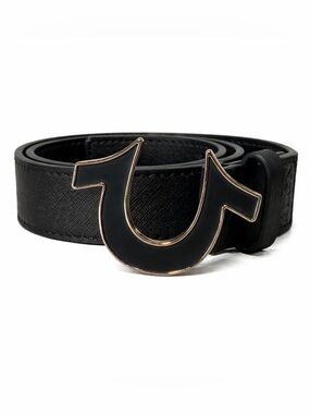 True Religion Black Leather Belt with Gold-Trim Horseshoe Buckle size 32